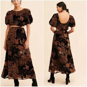 NWT Letmebe Anthropologie Black Motif Floral Puff Sleeve Maxi Dress